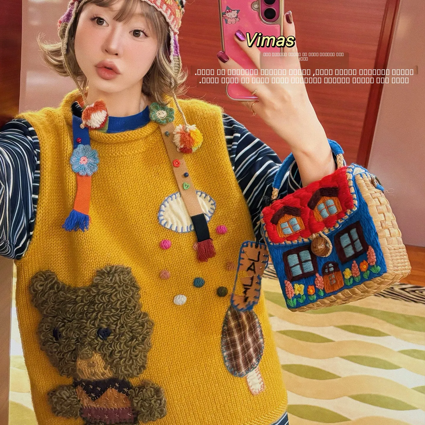 

Вязаный жилет VIMAS из 100% шерсти ручной работы с пэчворком и дизайном в виде медведя, теплый и уютный, для осени и зимы, женский, модный, для повседневной носки