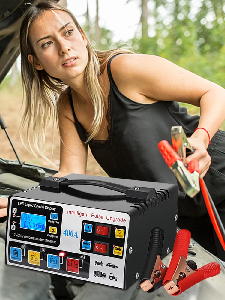 400A Inteligentní nabíječka baterií s vysokým výkonem, LCD displej, nabíječka autobaterií 12/24V, inteligentní pulzní nabíječka pro opravy s vysokým výkonem - náhled 5