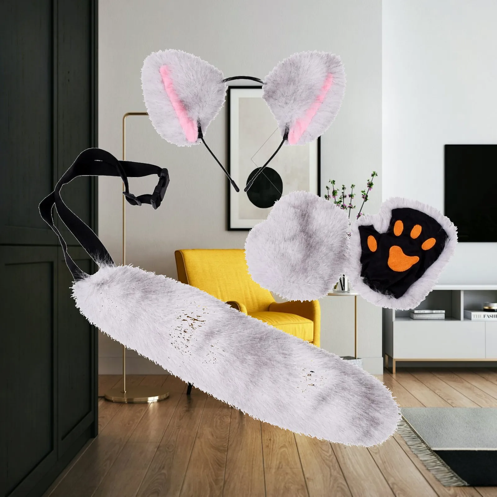 3 Pieces Soft Animal Tail with Waist Strap Cute Faux Plush Cat Cosplay Set Paw Gloves with Orange Paw Pads One Size Fits Most