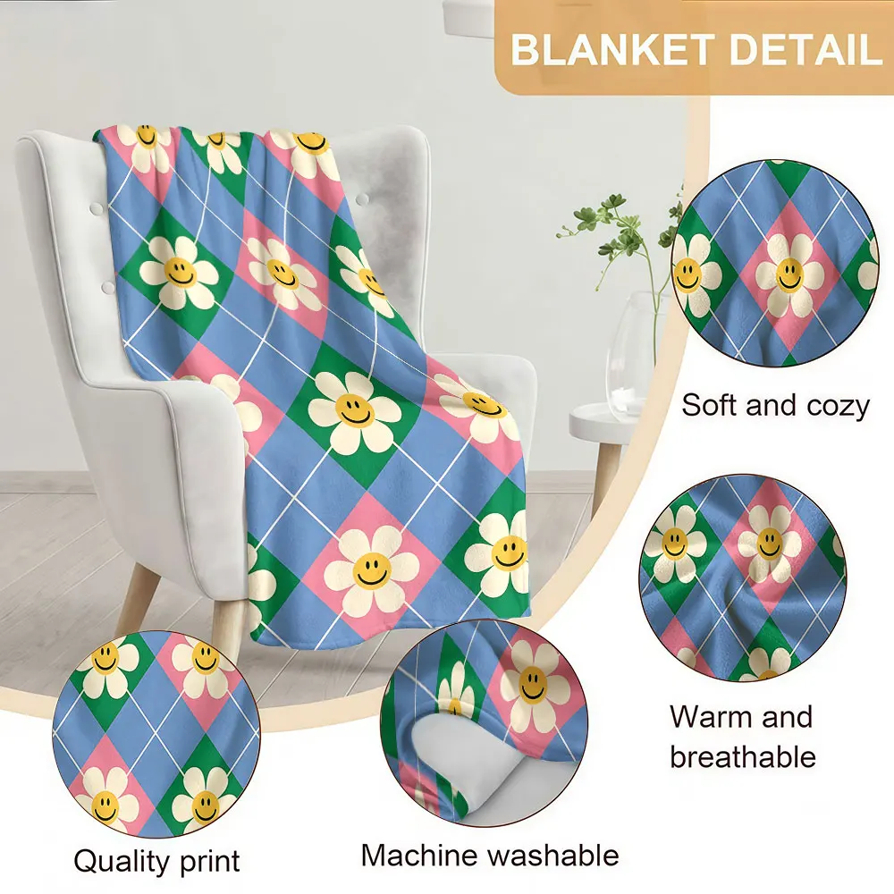Daisy Argyle Smile Soft Warm Flannel Blanket Lightweight Cozy Christmas Halloween Home Decor Room