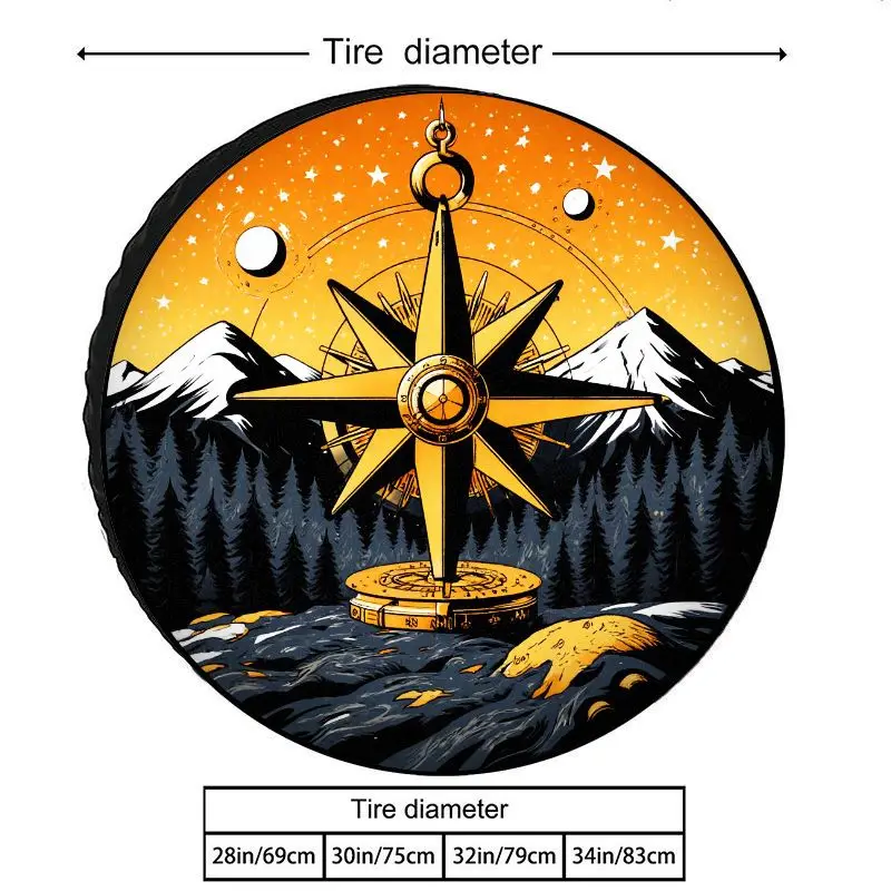 A Vast Starry Sky Golden Compass Polyester Tire Cover Featuring Mountain And Snow Patterns, Suitable For Off-Road Suvs And Truck