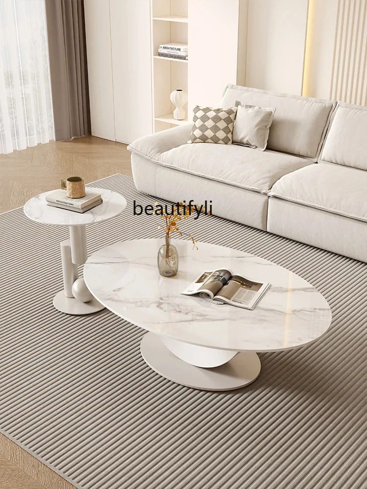 Italian simple cream style oval rock slab coffee table living room household small apartment creative high-end combination