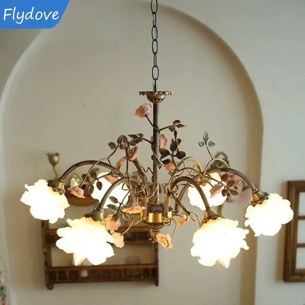 Copper Ceramic Floral Style Living Room Pendant French Retro Candle Decora Bedroom Study Creative Flower Master Bedroom Lighting