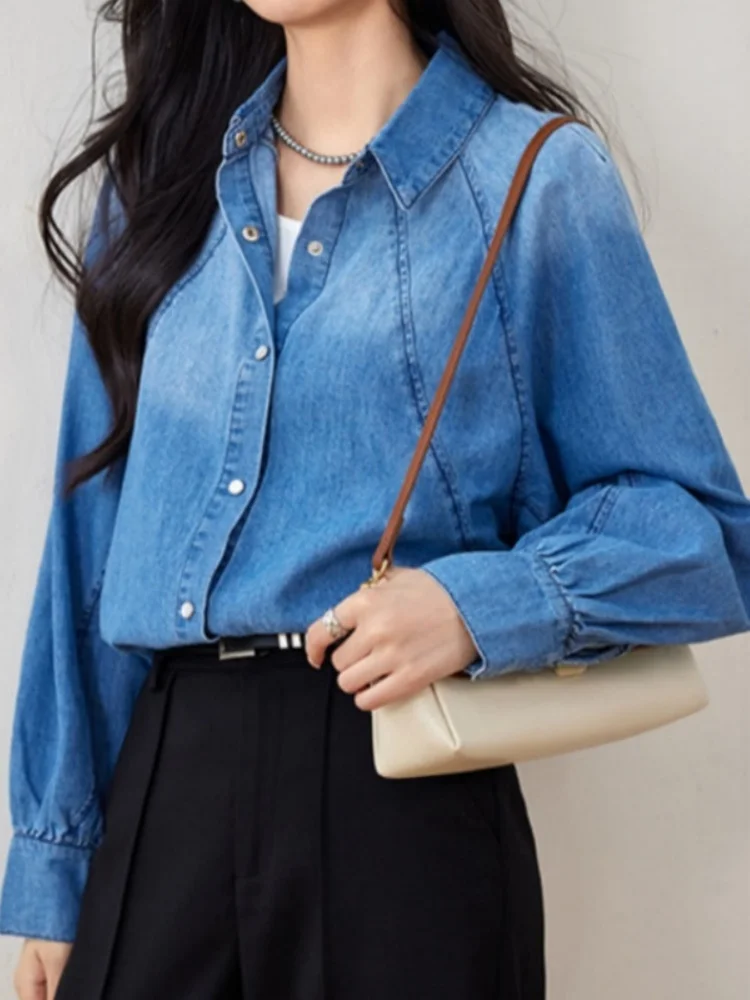 

Retro Hong Kong Sle Deep Blue Denim irt Women's Spring Autumn New Simple Elegance Versatile irt Top Korean Version Long...