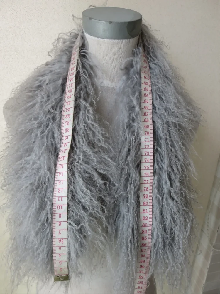 Women\'s 100% Real Mongolia Lamb Fur Cape whole-skin fur Scarf  with clip Gray