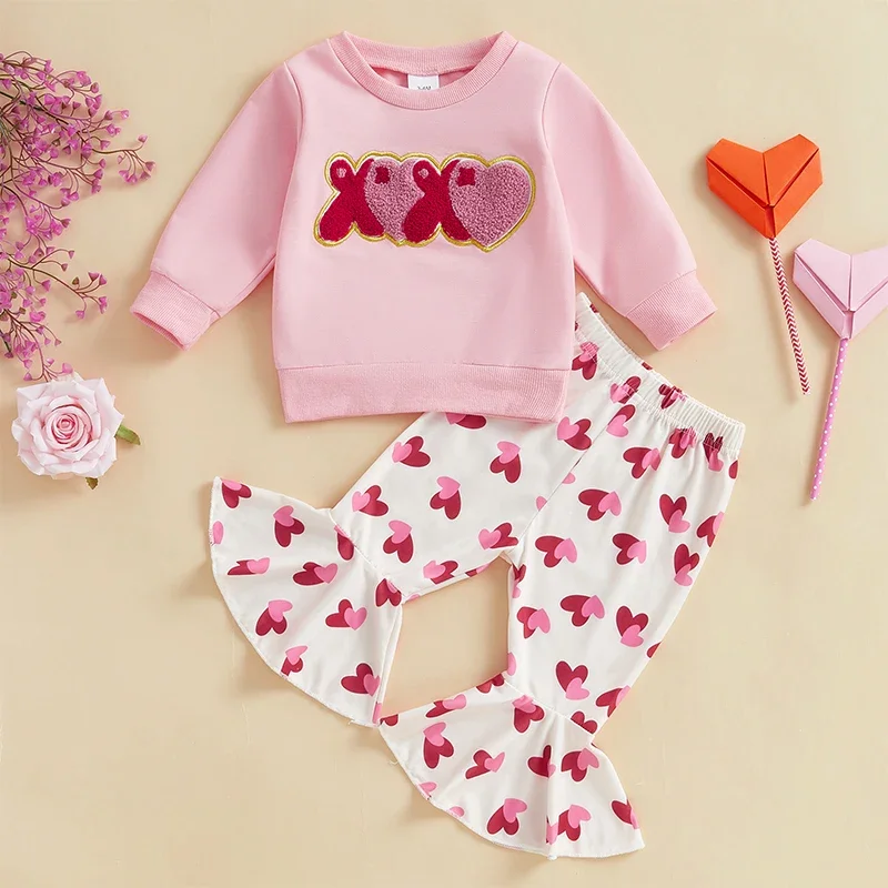 Toddler Kids Clothes Girls Valentine's Day Outfits Letter Embroidery Long Sleeve Sweatshirts Heart Print Flare Pants Set