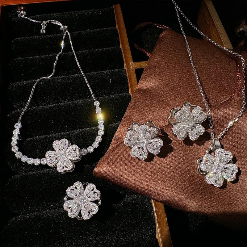 Free Collocation Jewelry Flower Zircon Gems Series for Women Fashion Rotatable Necklace Earring Open Rings Bracelet Accessories