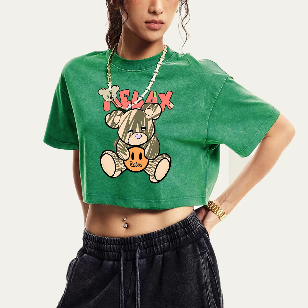 

Relax Cartoon Bear Printed Washed Crop T-Shirts Female Multicolor Cotton T-Shirt Summer Slim Clothing Cool Sport Tee Tops