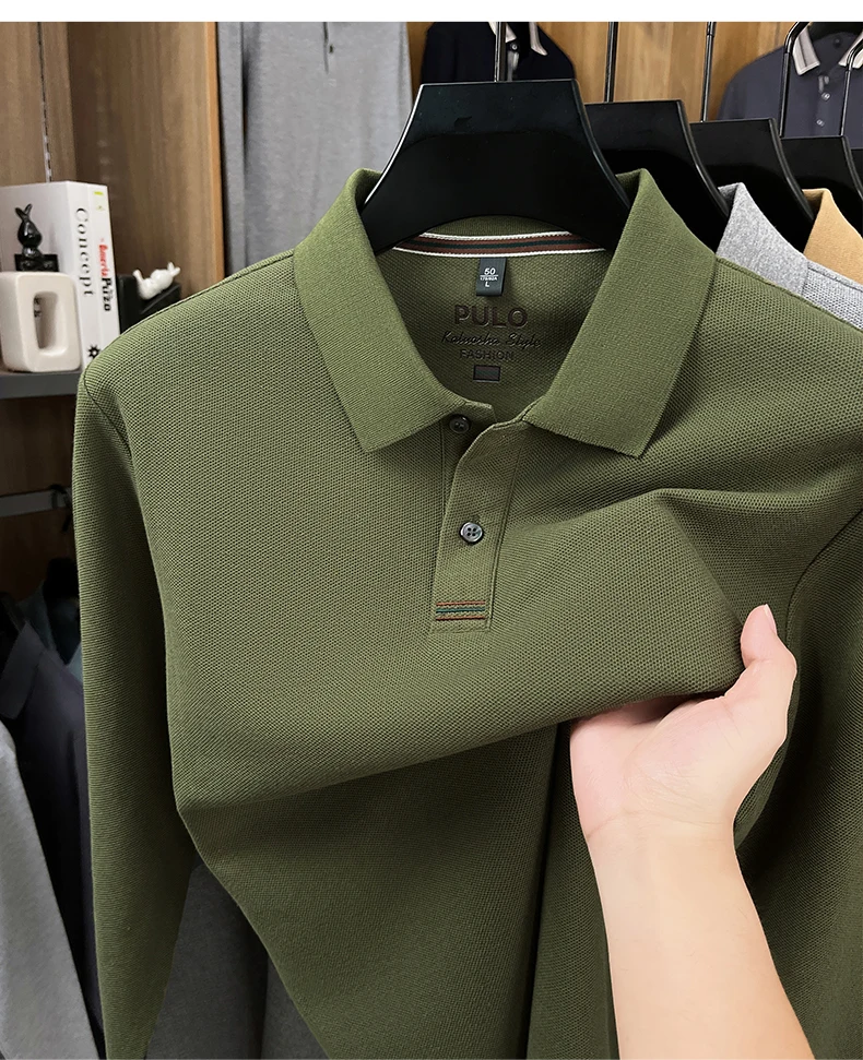 Hochwertiges Langarm-Poloshirt aus 100% Baumwolle für Herren, neue Luxus-Modemarke, Frühling/Herbst, luxuriöser Komfort, lässiges Business-T-Shirt. – Detail 14