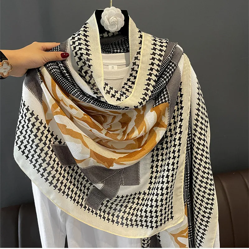 

New retro camellia fashion cotton and linen feel oversized silk scarf gauze female summer air conditioning shawl warm scarf