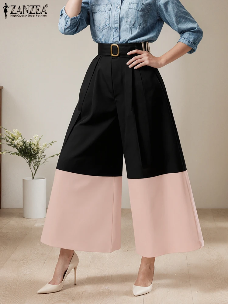 

ZANZEA 2025 Fashion Women Long Trousers High Waist Pockets Wide Leg Pants Autumn Casual Color Patchwork Streetwear OL Pantalons