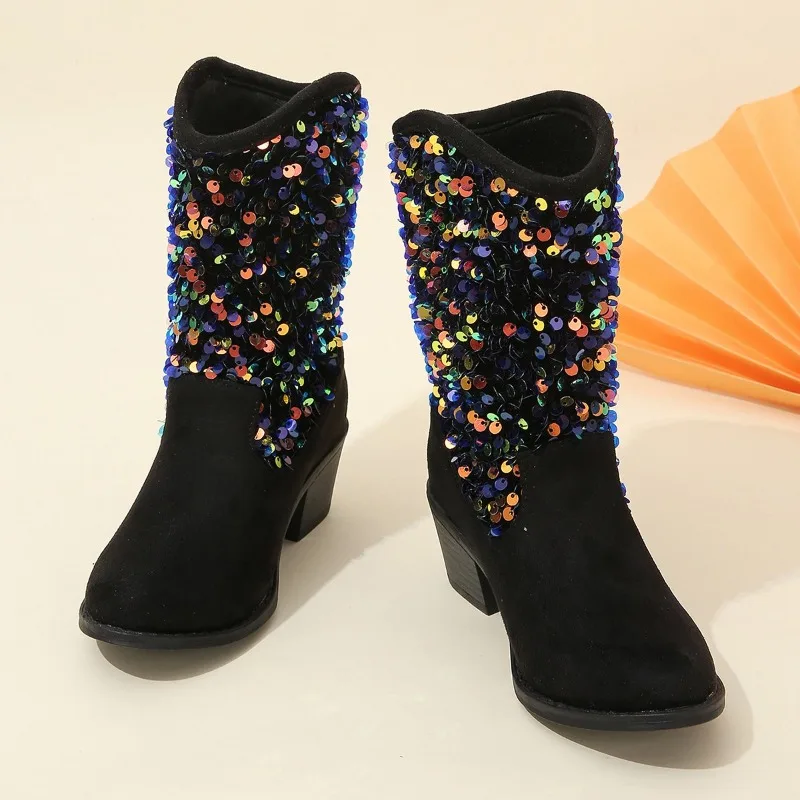 New Girls Boots Sequined Elegant Unique Low Heels Children Fashion Casual Princess Boots Solid Color Kids Slip-on Breatheable