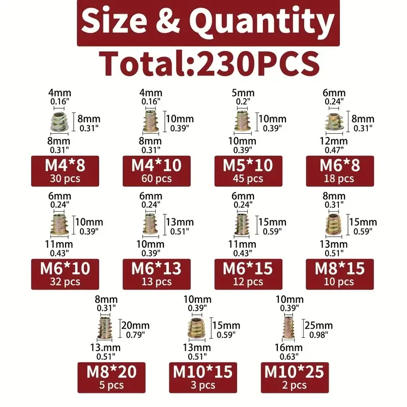 230 Pcs 11 Sizes Thread Insert Nuts Wood Furniture Zinc Alloy Furniture Bolts Fasteners Hot Selling