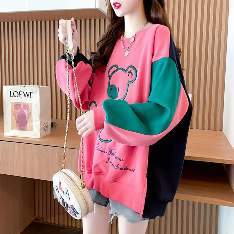 Fashion Loose Spliced Embroidery Casual T-Shirt Female Clothing 2023 Autumn Oversized Cartoon Tops All-match Tee Shirts