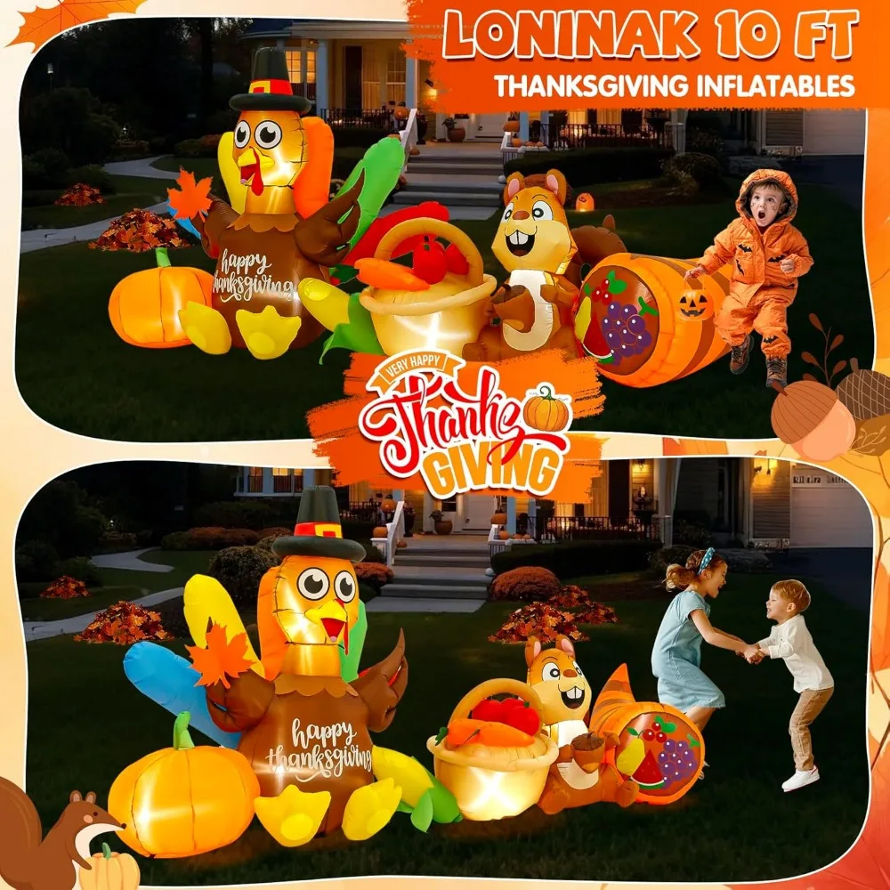 ديكور عيد الشكر بطول 12 قدمًا مع اليقطين والذرة، ديكور خارجي قابل للنفخ بإضاءة LED