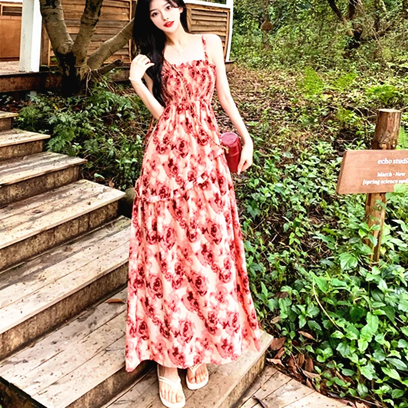 2024 Summer Befree Beach Long Vintage Casual Ruffles Elegant Maxi Strap Camis Silky Holiday Dress Vestidos Sexy Women