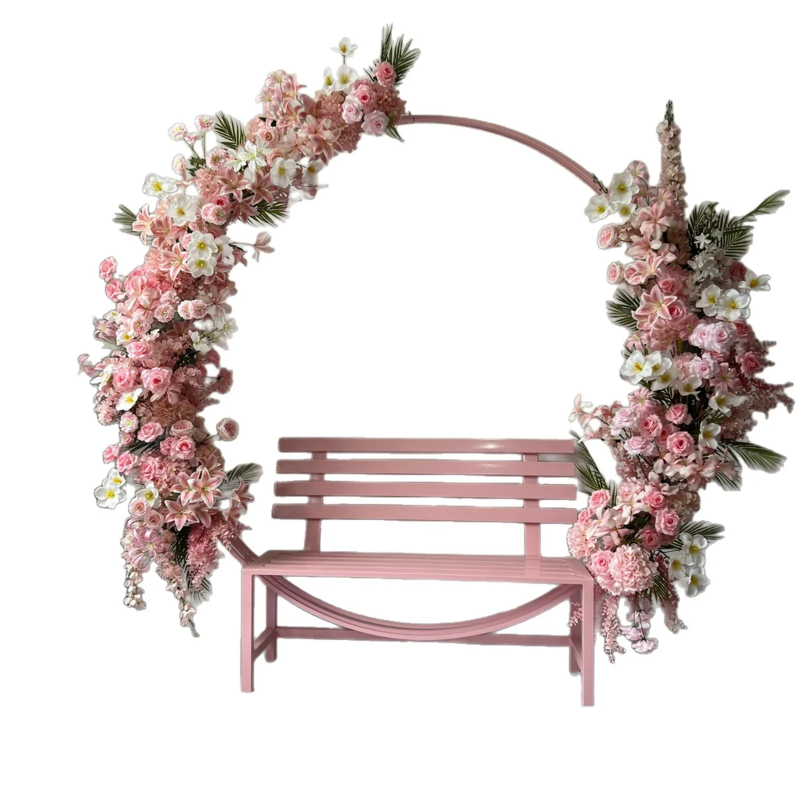 DSA simple and high-value pink wrought iron backrest park chair outdoor bench chair shopping mall Meichen decoration props
