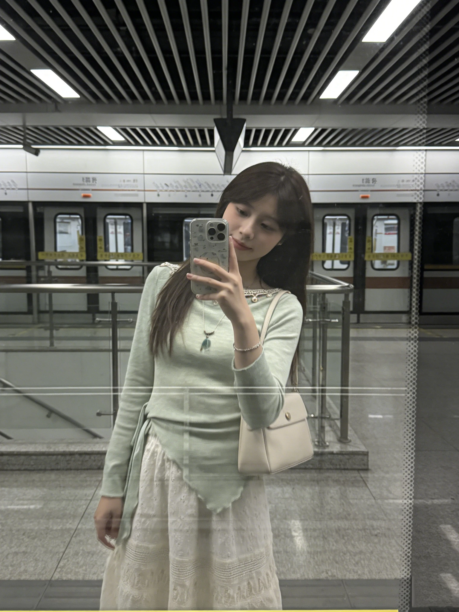 

Mint Green Beaded Tassel Knitwear Women's Slim Fit Spring Autumn Tie Waist Long Sleeve round Neck Regular Length Color Top