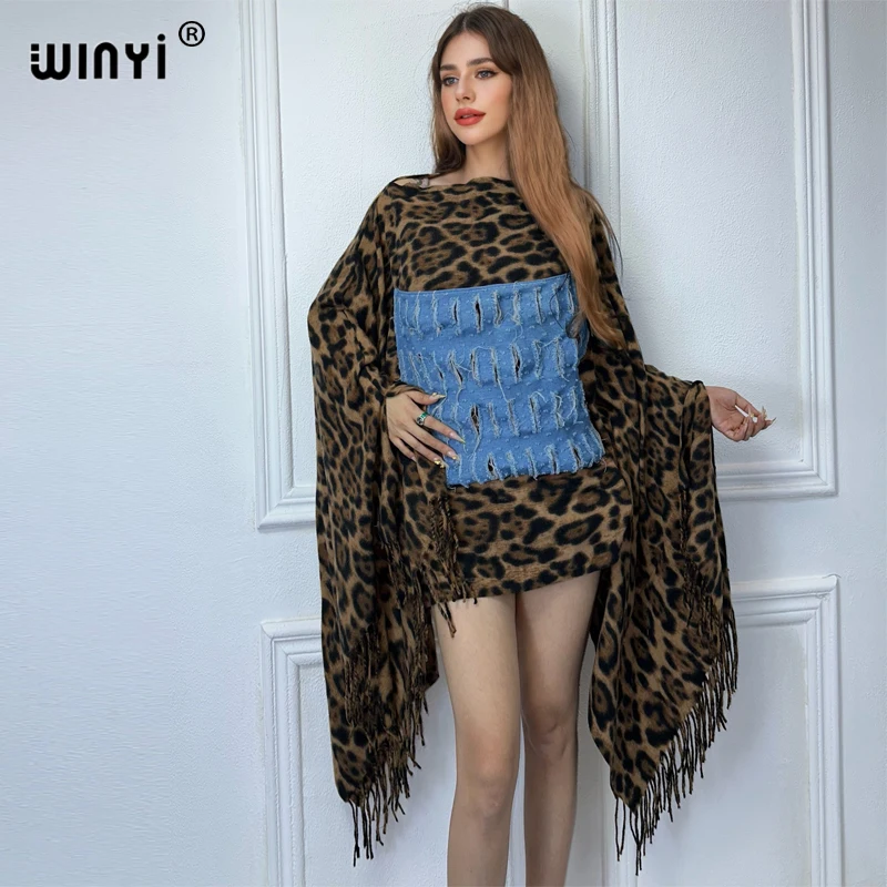 WINYI Ursprung Leopard Winter Denim Patchwork Mode Urlaub Kleid Poncho Top Party Ponchos für Frauen Mantel Maxi Oberbekleidung