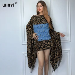 WINYI originate leopard winter Denim patchwork fashion Holiday dress poncho top party ponchos for women cloak maxi outerwears
