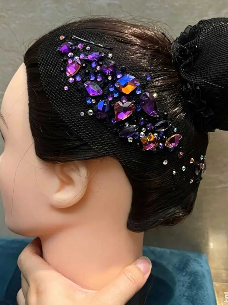 Girls Figure Skating Hair Accessories Purple Crystal Rhinestone Hair Piece for Competition Dance Performance