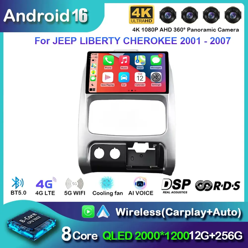 Android 16 Carplay Car Stereo For JEEP LIBERTY CHEROKEE 2001 2002 2003 2004 2005 2006 2007 Car Radio Video Multimedia Player 5G
