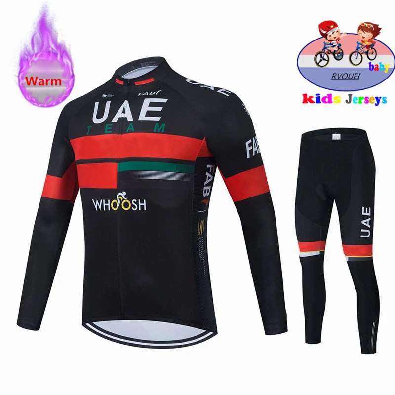 UAE Boy Long Sleeve Cycling Jersey Set, Team Cycling Clothes, Thermal Fleece, MTB Bicycle Clothing, Kids Bike Uniform, Winter