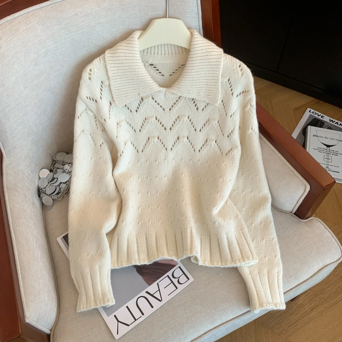 

Women's Off White Pullover Sweater Vintage Y2k Jumper Knitwear Korean Long Sleeves Hollow Cashmere Sweater Autumn 2000s Clothes