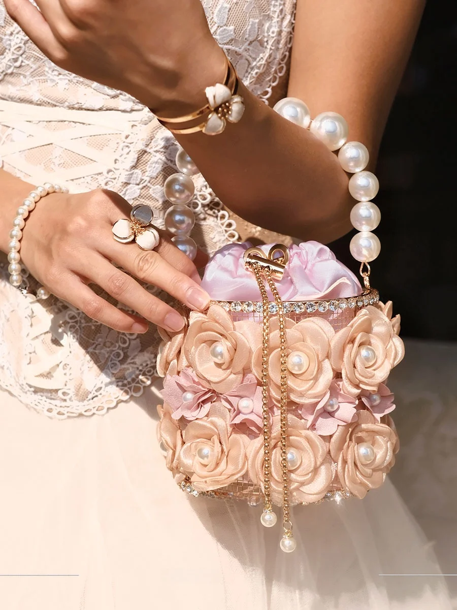 UGALS Retro Flower Pearl Bird Cage Drawstring Bucket Elegant Dinner Handbag Shoulder Bag for Young Women Sweet Lady Style