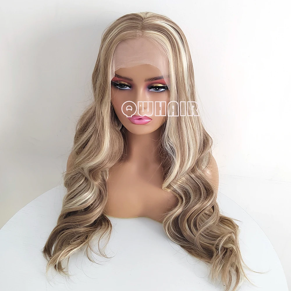 QW Wavy Hair Blonde Highlights Body Wave Synthetic Lace Front Wigs for Women  Frontal Wigs Cosplay Glueless Heat Resistant Fiber