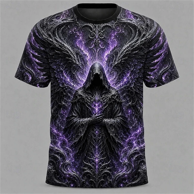 Fashion Grim Reaper Skull 3D Full Print Mens T Shirt Short Sleeve Crew Neck Tops Streetwear Halloween Cosplay Cool Casual Tees