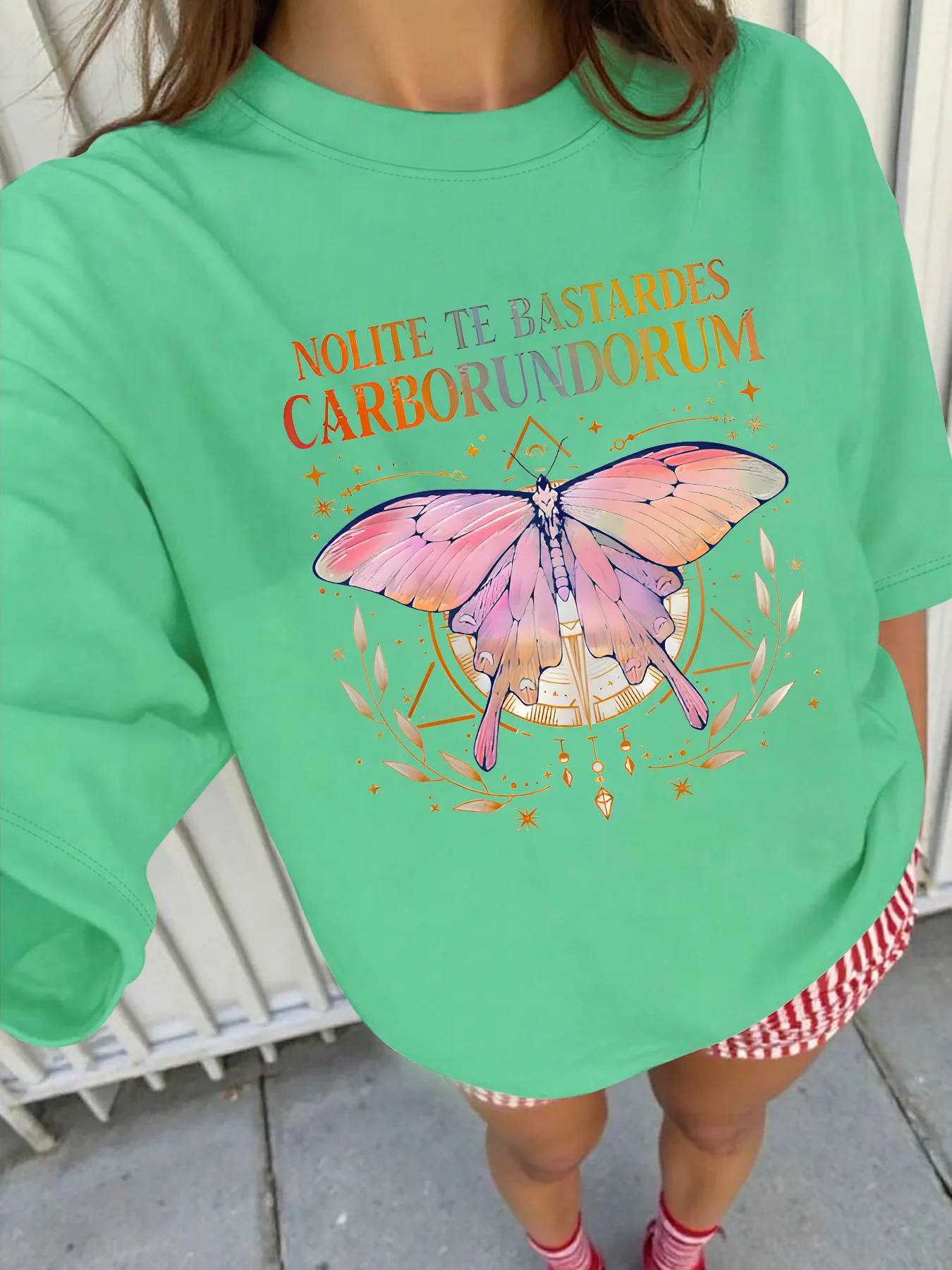 Plus - Size Tee: “Nolite Te Bastardes Carborundorum” Butterfly & Latin Quote Graphic