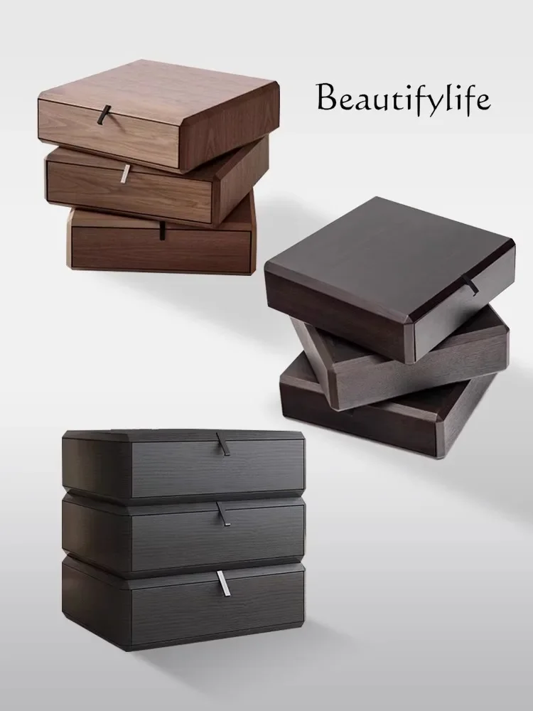 

R Italian Minimalist Solid Wood Smoke Color Rotating Bedside Table Modern High-end Design Storage Side Cabinet