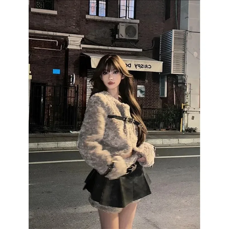 Spicy Grey Lamb Fleece Coat Pleated Skirt Two Piece Set Women Korean Spliced Soft Glutinous Fashion Winter Warm Waist Slim Suit