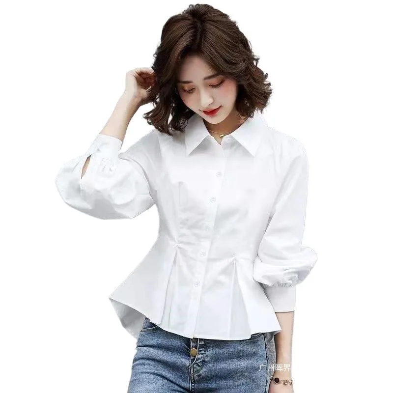 

Новая весенне-осенняя стильная универсальная белая рубашка с эффектом похудения, с завышенной талией, скрывающая живот, модная рубашка с уникальным дизайном