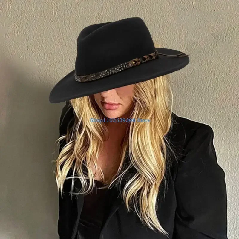 

400A Flat Brims Hat for Masquerades Party Gentleman Hat Wool Jazzy Hat with PU Belt Adult Concert Costume Wool Caps Headpieces