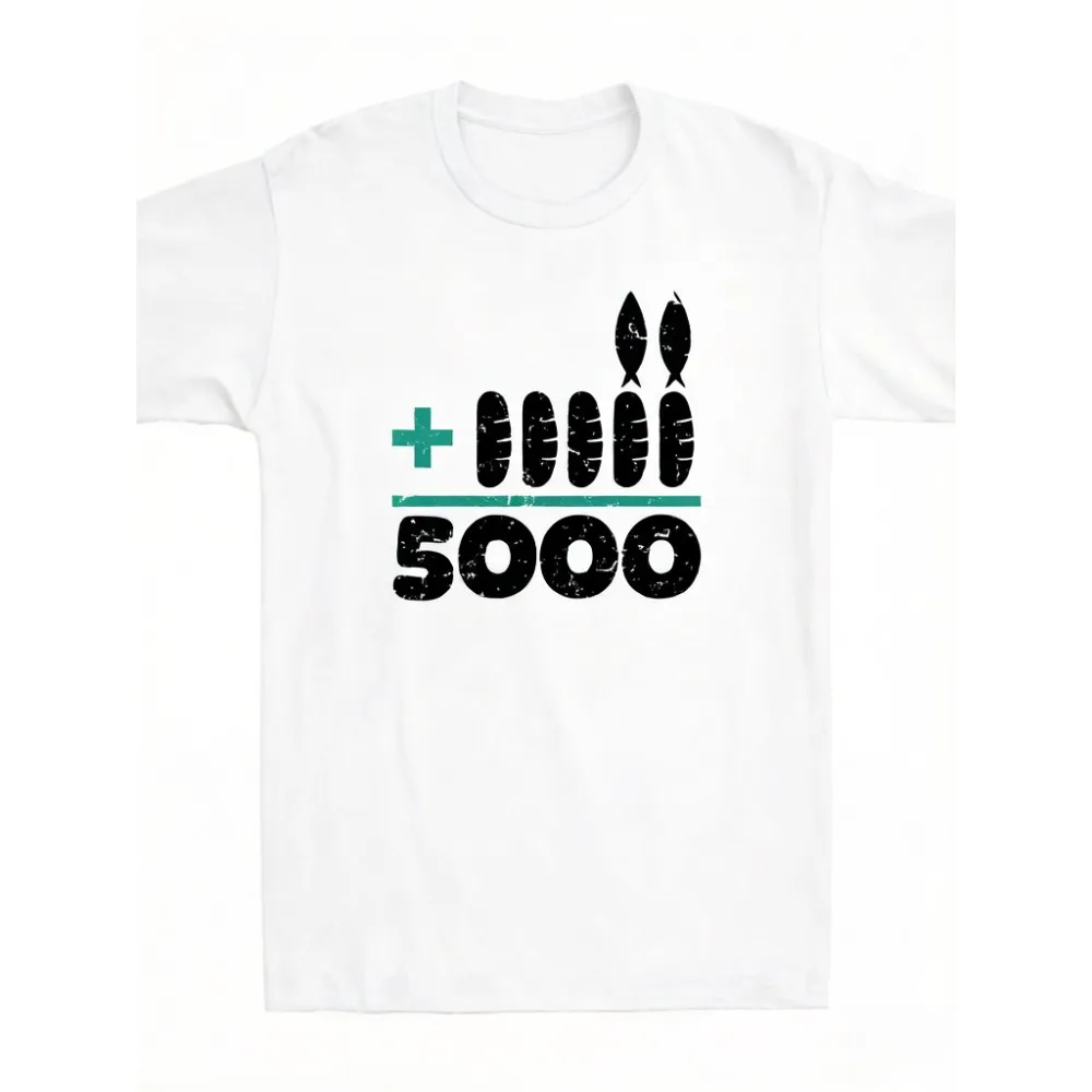 2026 New Jesus 2 Fishes 5 Breads 5000 Chosen Against The Current Funny Meme Print T-shirt Short Sleeve Men's and Women's T-shirt