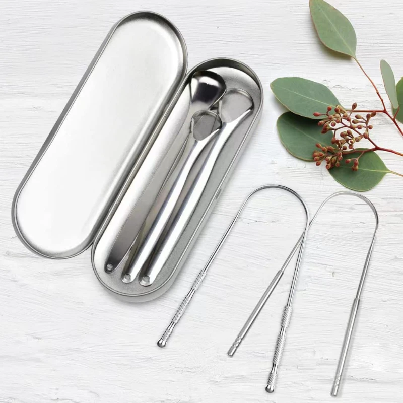 3pcs/4pcs Stainless Steel Tongue Scraper Oral Tongue Cleaner Tool Reusable Tongue Brush Fresh Breath With Travel Box