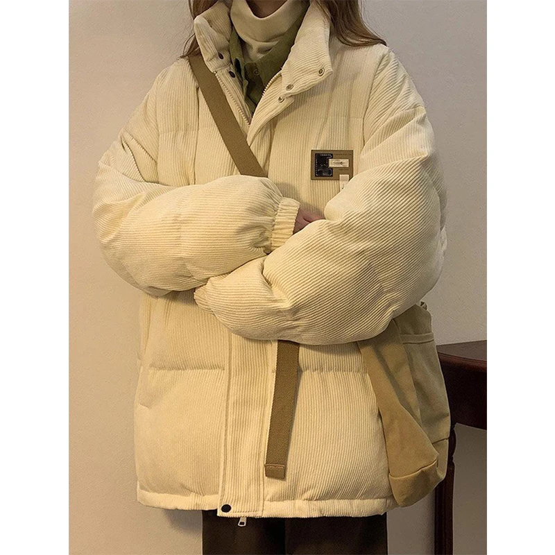 Corduroy Parkas Women Oversized Down Coats Winter Streetwear Thick Warm Puffer Jacket Korean Pockets Cotton Padded Outerwear New