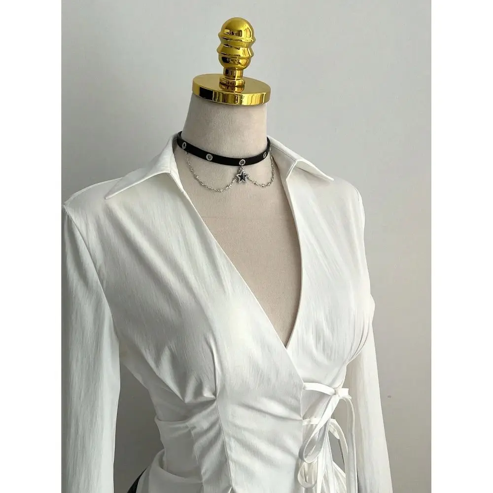 

Stylish Slim Fit Women Long Sleeve Shirt Sexy Elegant Tie-waist Shirt Unique Cinched Waist V-Neck Tops for Date Night