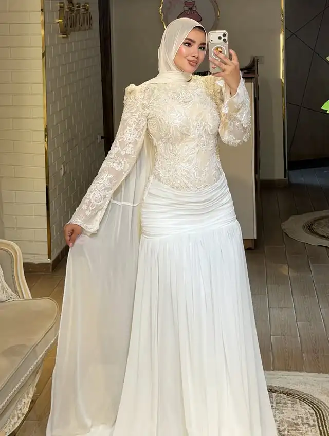 Customized Modest Muslim Hijab Wedding Dress High Neck Lace Appliques Bridal Gown Ruched Chiffon Islamic Robe De Mariée