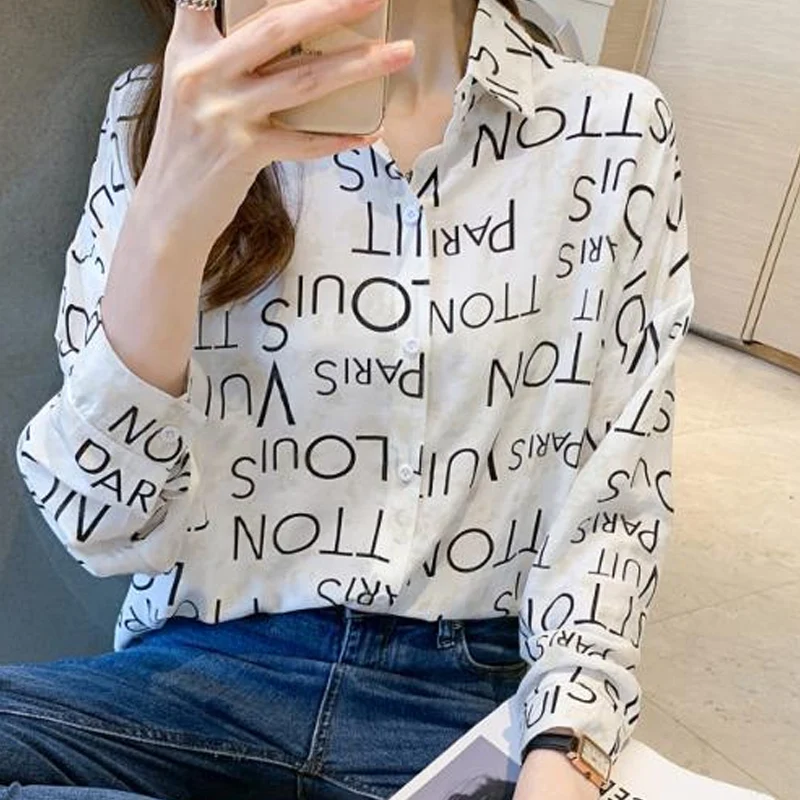 Spring Autumn New Turn-down Collar Fashion Long Sleeve Shirt Women High Street Casual Letter Printing Blouse Elegant Button Tops