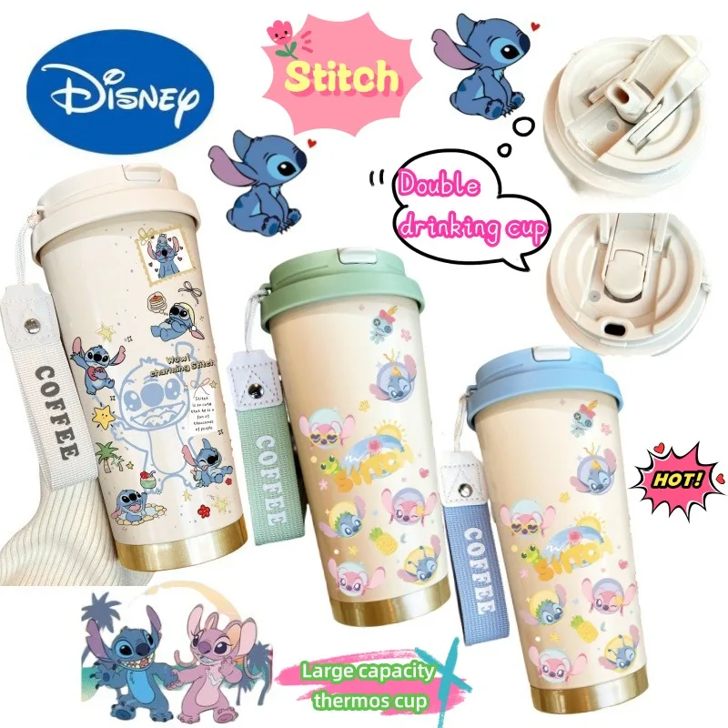 كوب ترمس عالي القيمة من ديزني ستيتش للطلاب ذو سعة كبيرة، كوب قهوة بسيط من الفولاذ المقاوم للصدأ، كوب قهوة مزدوج الشراب جديد