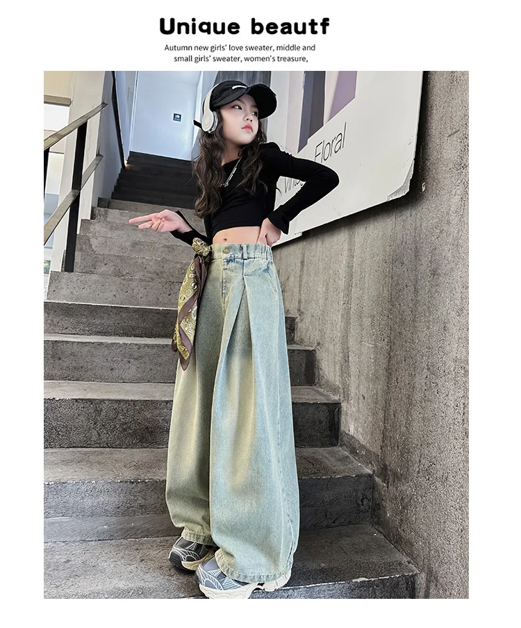 5-14 Jahre Mädchen-Jeans Frühling Herbst Junior Kinder Vintage Street-Style Weite Bein Denim-Hose Koreanische Teenager Streetwear Hose – Detail 4