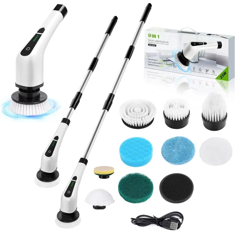 

Manufacturer wholesale 9 in 1 electric cleaning brush bathroom extended handle rotating scrubber cordless cleaning brush