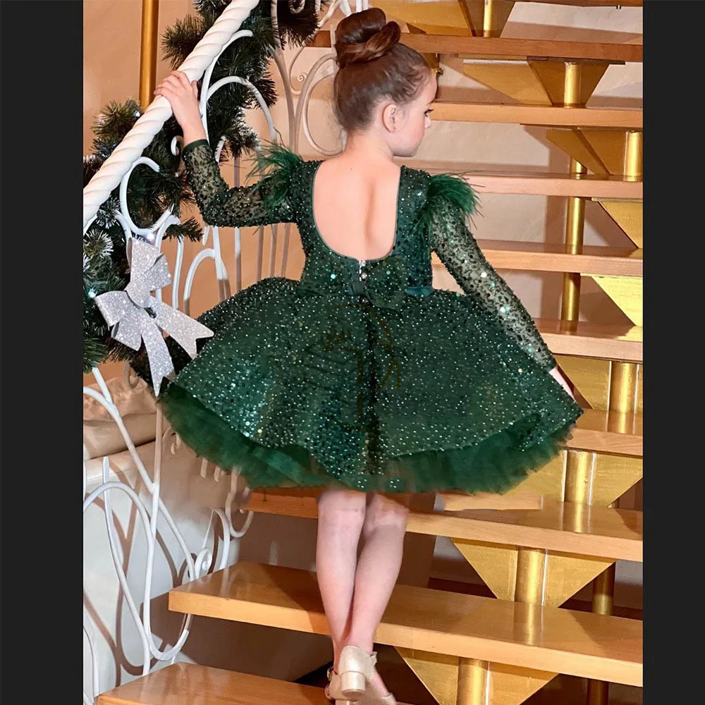 0-12Y elegant girl banquet dress, greenLight luxury Christmas Sequencies Long Sleeve flower girl wedding dress, ball gown, beaut