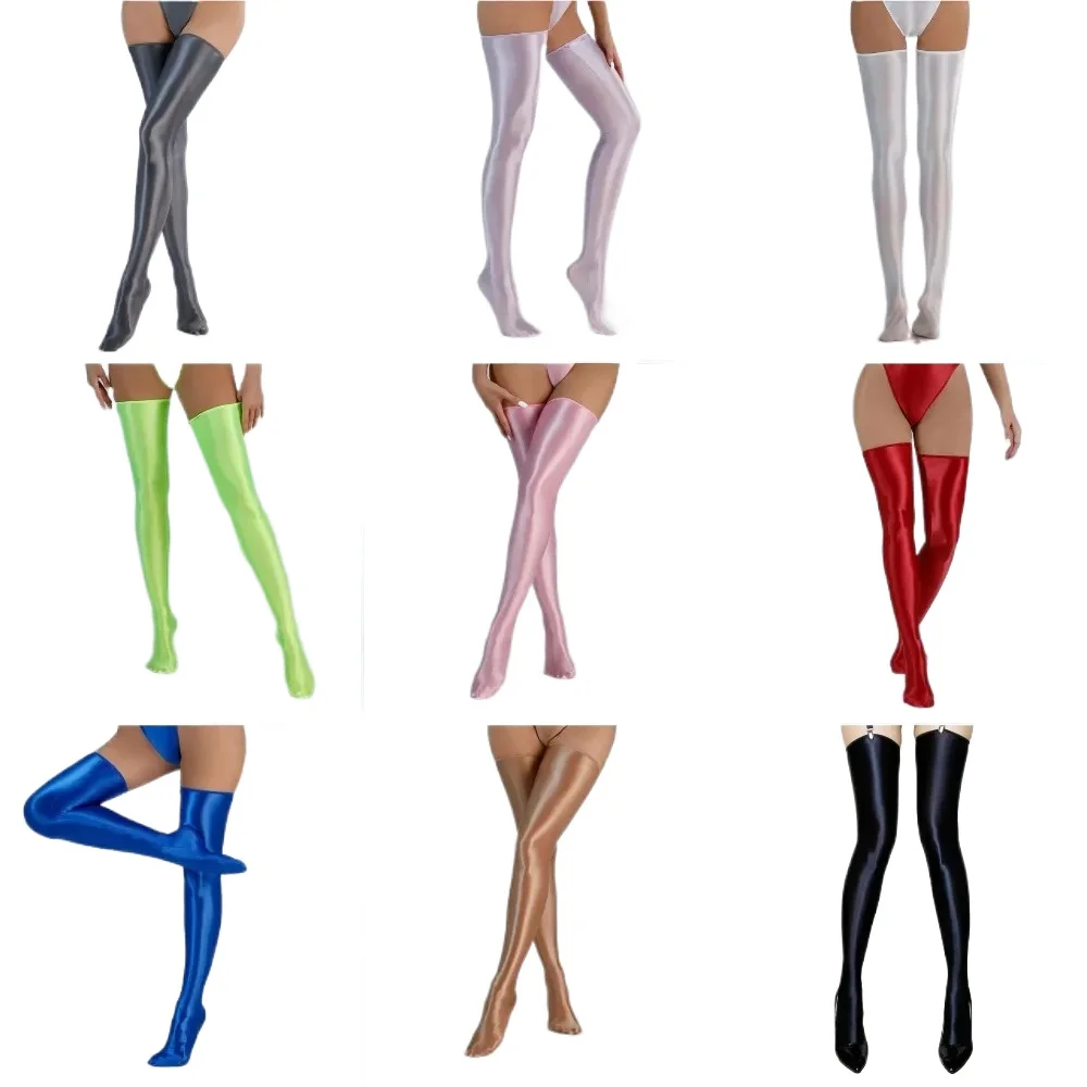 

Women Elastic Smooth Oil Glossy Knee High Stockings Women Vintage Tight Sexy Dance Wear Candy Color Cosplay Lingerie