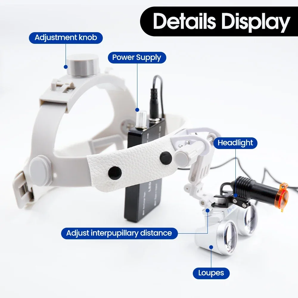 Odkryj precyzję w stomatologii z lupami 3,5X i reflektorami LED. Opaska na głowę, regulowane miejsce. Galilijska optyka klarowna.