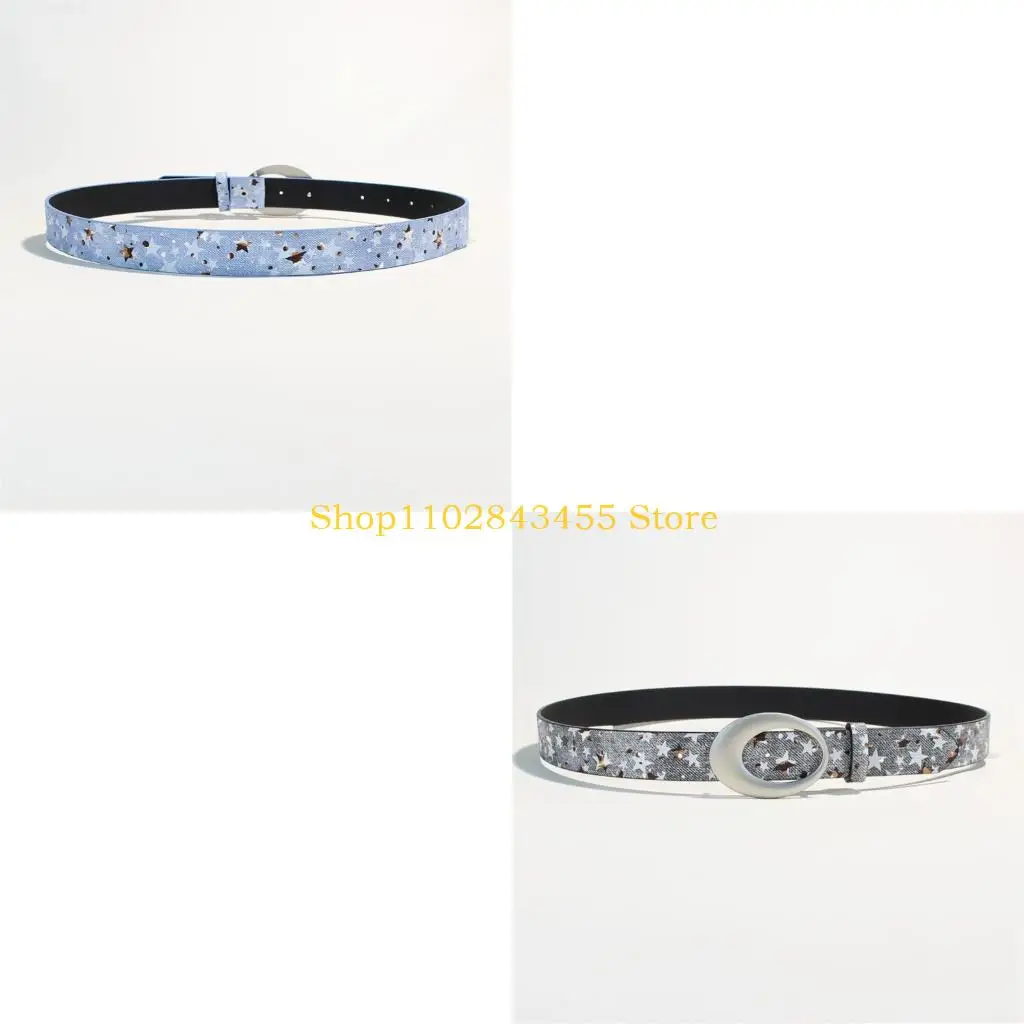 49MC Star Printed Waist Belt Adjustable Pin Buckles Waist Strap for Casual Outfit