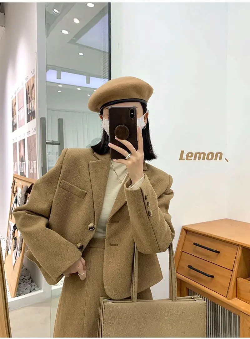 Woolen Suit Women Short Woolen Coat and Skirt 2021 Autumn Winter New Retro Korean Fashion Solid Temperament Two-piece Sets Trend